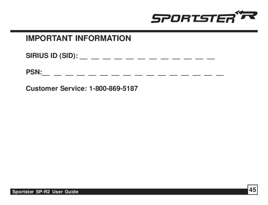 Sirius Satellite Radio SP-R2 manual Important Information 