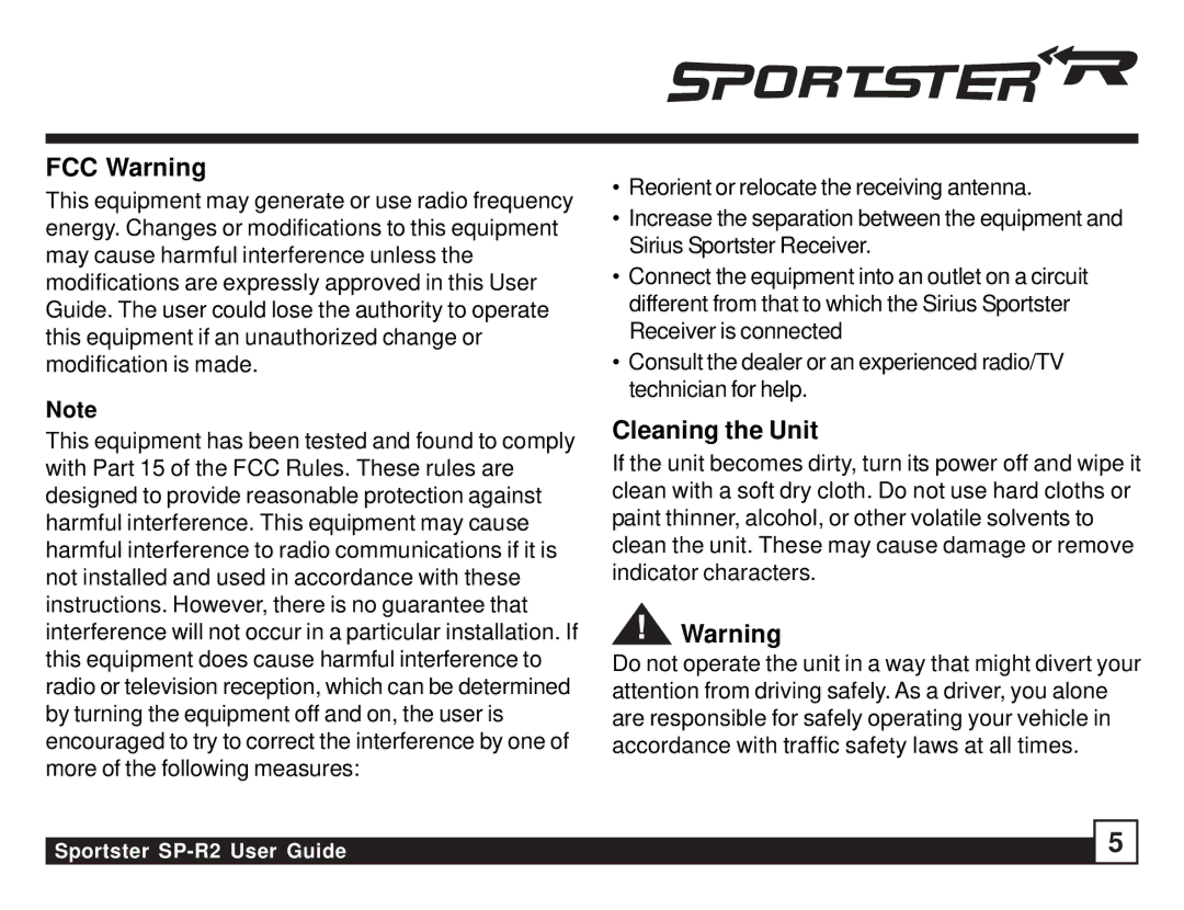 Sirius Satellite Radio SP-R2 manual FCC Warning, Cleaning the Unit 