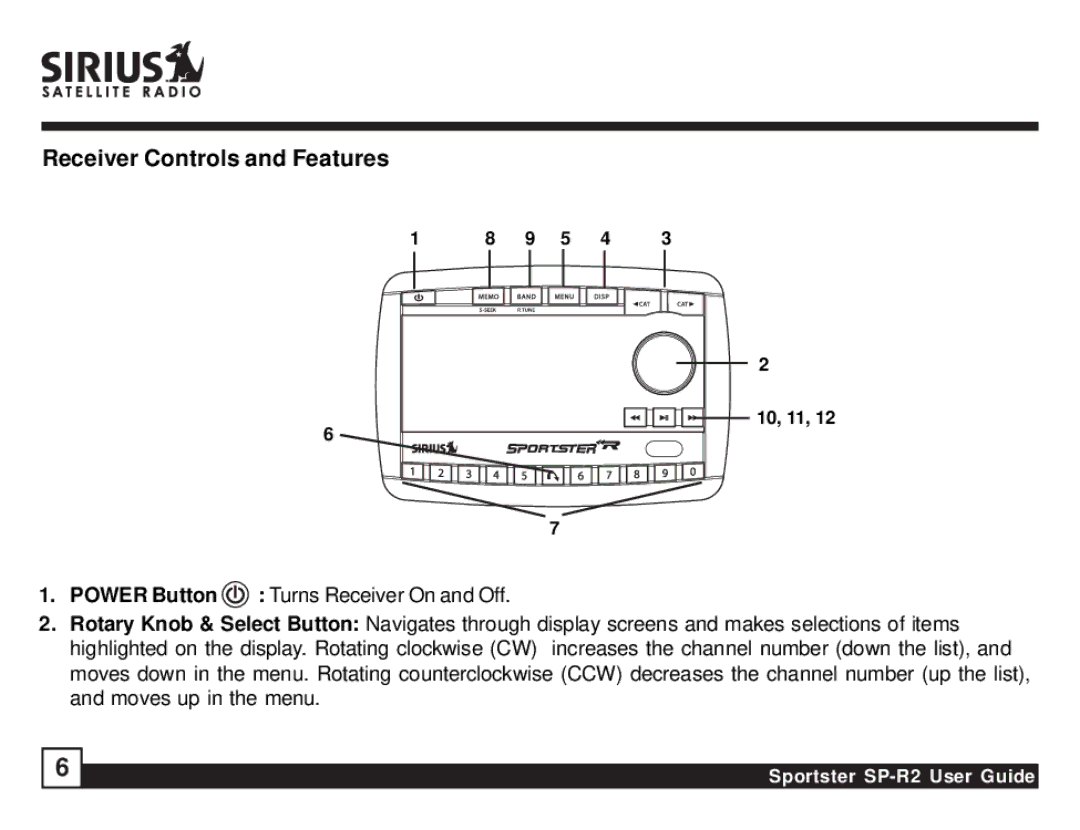 Sirius Satellite Radio SP-R2 manual Receiver Controls and Features 