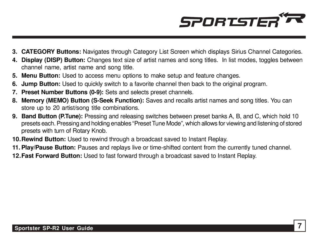 Sirius Satellite Radio manual Sportster SP-R2 User Guide 