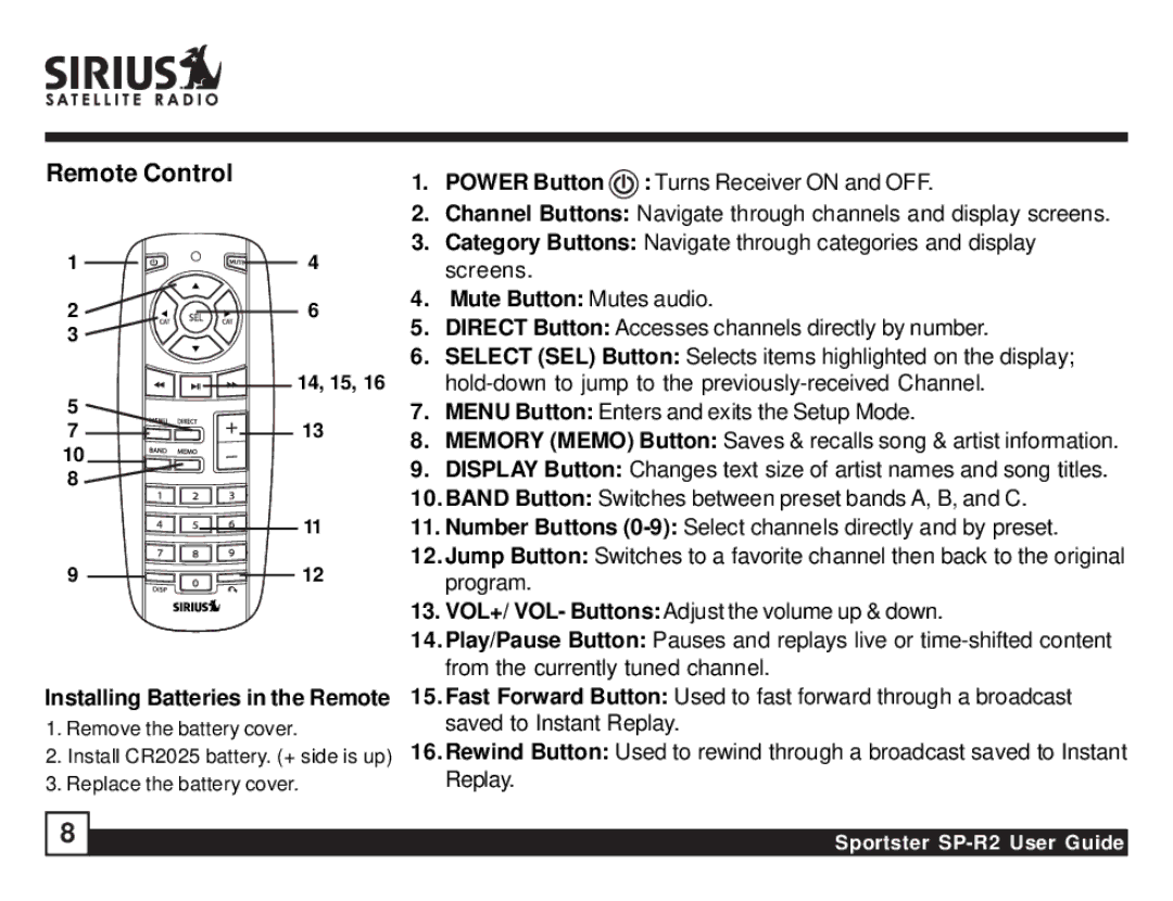 Sirius Satellite Radio SP-R2 manual Remote Control, Direct Button Accesses channels directly by number 