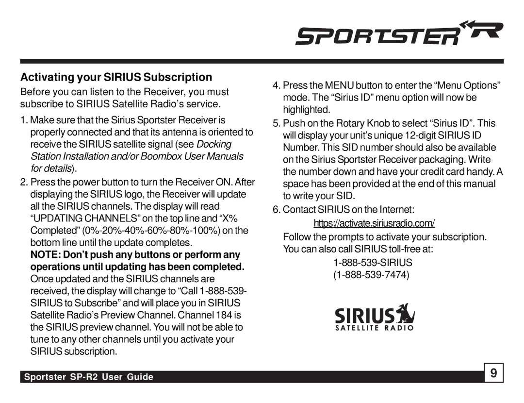 Sirius Satellite Radio SP-R2 manual Activating your Sirius Subscription 