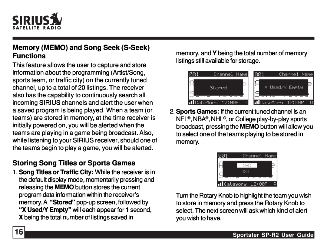 Sirius Satellite Radio SP-R2 manual Memory MEMO and Song Seek S-SeekFunctions, Storing Song Titles or Sports Games 