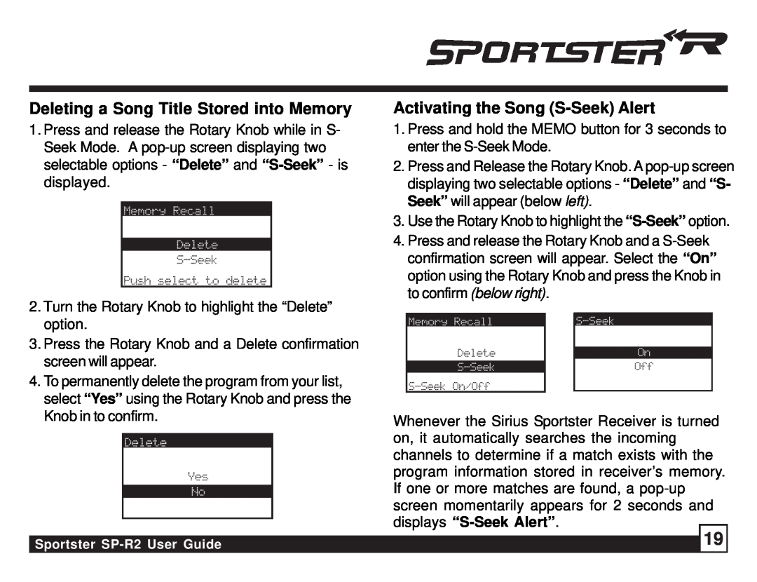 Sirius Satellite Radio SP-R2 manual Deleting a Song Title Stored into Memory, Activating the Song S-SeekAlert 
