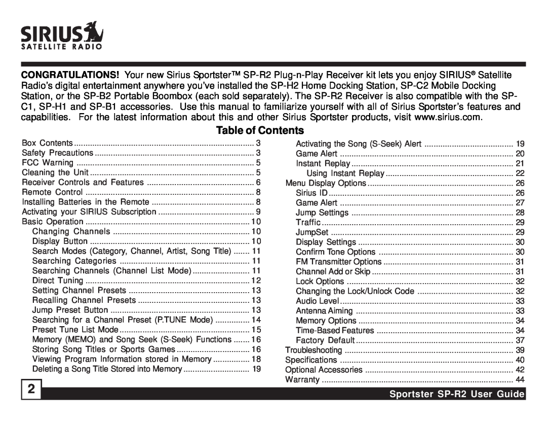 Sirius Satellite Radio manual Table of Contents, Sportster SP-R2User Guide 
