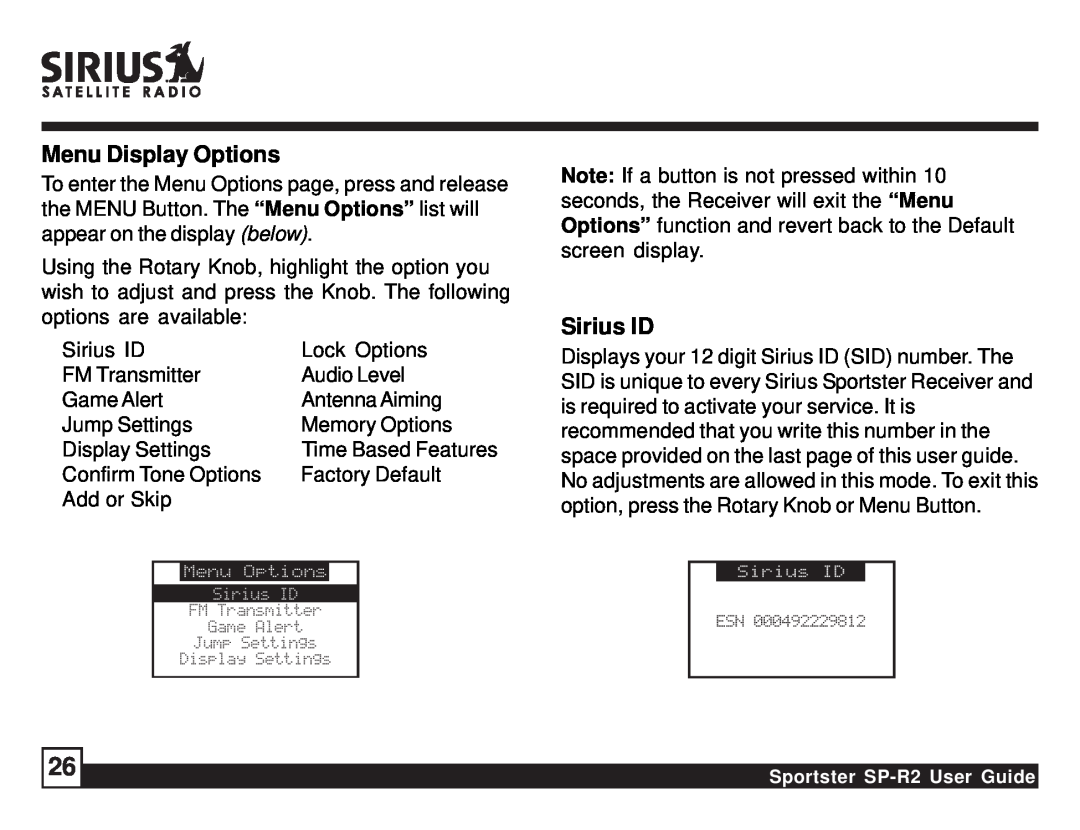 Sirius Satellite Radio SP-R2 manual Menu Display Options, Sirius ID 
