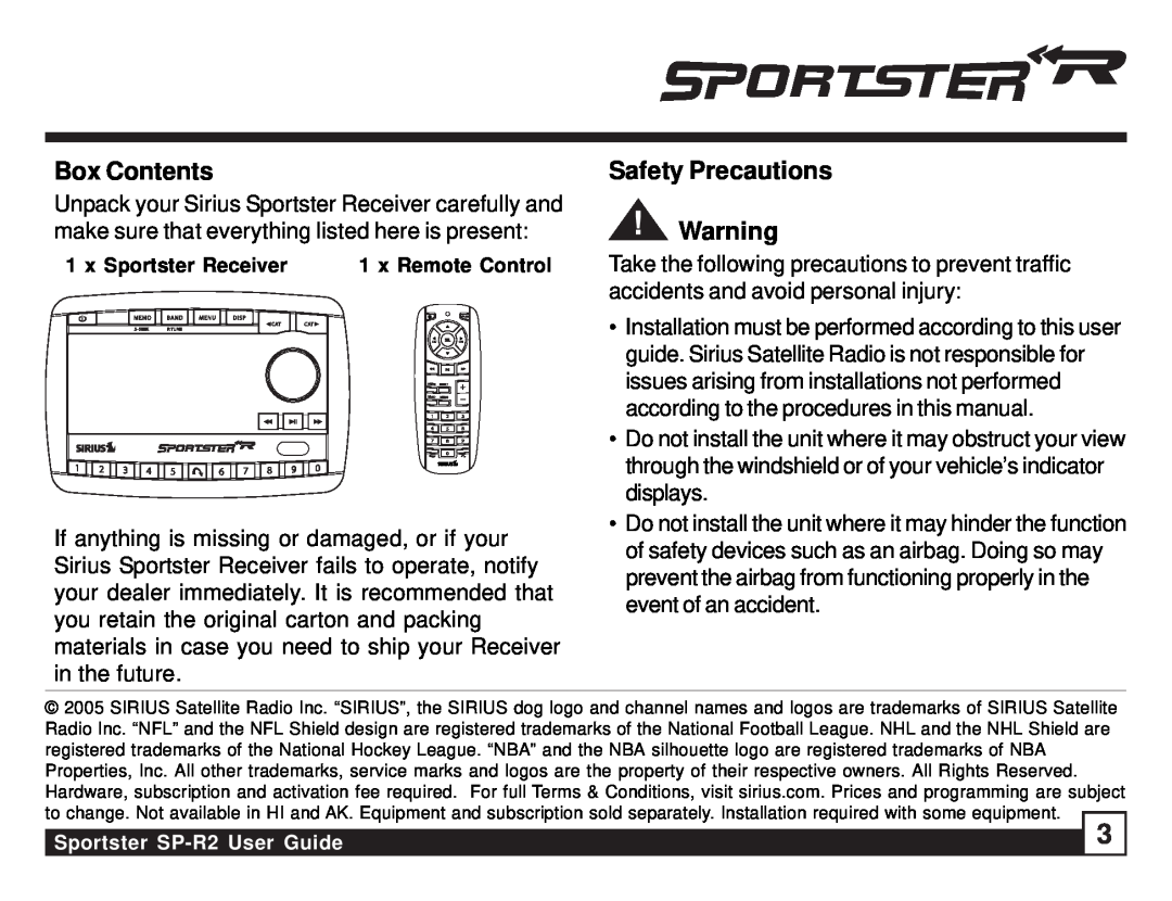 Sirius Satellite Radio SP-R2 manual Box Contents, Safety Precautions, x Sportster Receiver 