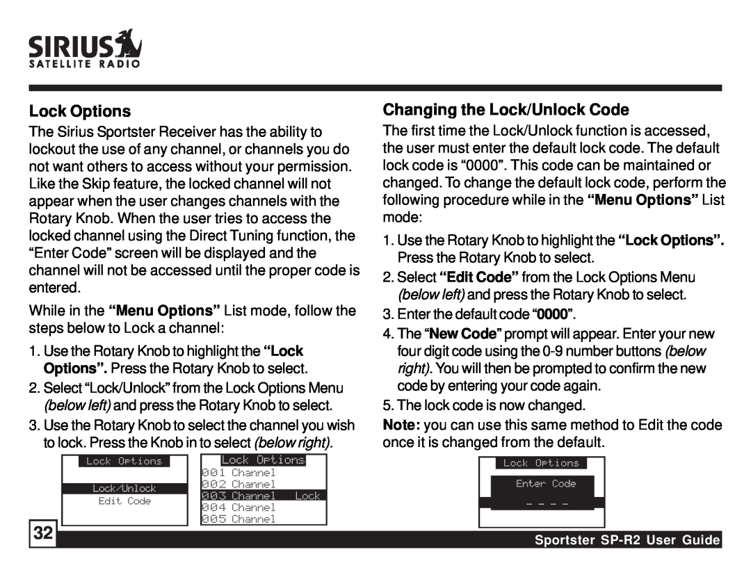 Sirius Satellite Radio SP-R2 manual Lock Options, Changing the Lock/Unlock Code 