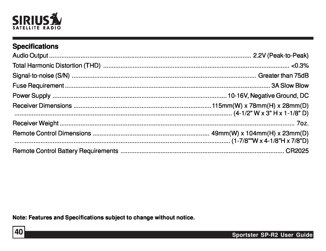 Sirius Satellite Radio SP-R2 manual Specifications 