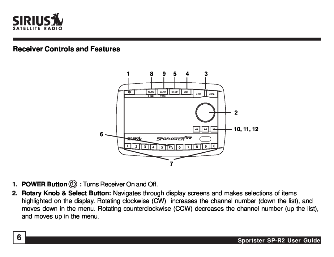 Sirius Satellite Radio SP-R2 manual Receiver Controls and Features 