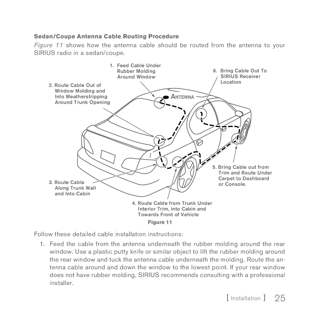 Sirius Satellite Radio Sportster 5 manual Sedan/Coupe Antenna Cable Routing Procedure 