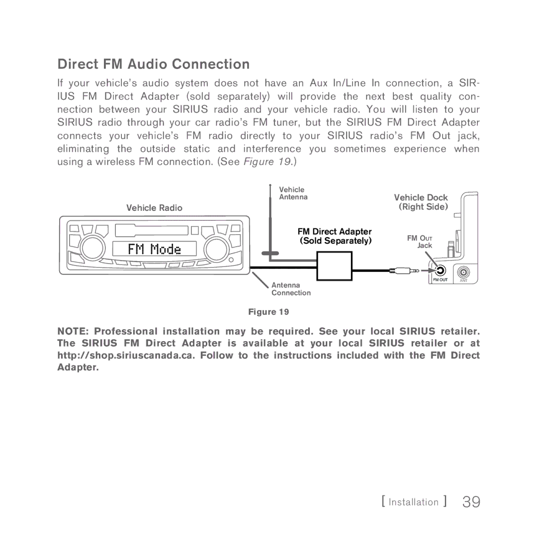 Sirius Satellite Radio Sportster 5 manual Direct FM Audio Connection 