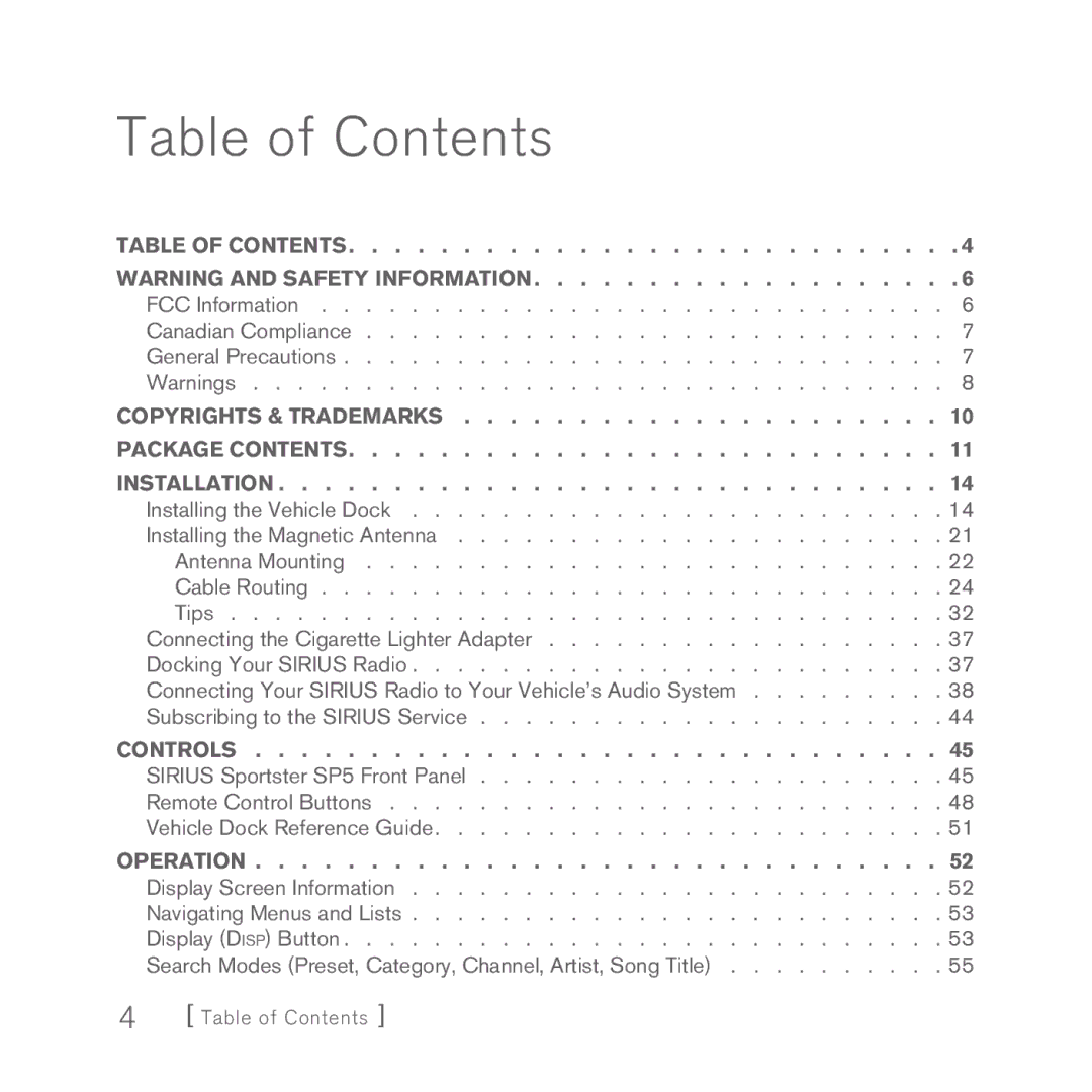 Sirius Satellite Radio Sportster 5 manual Table of Contents 