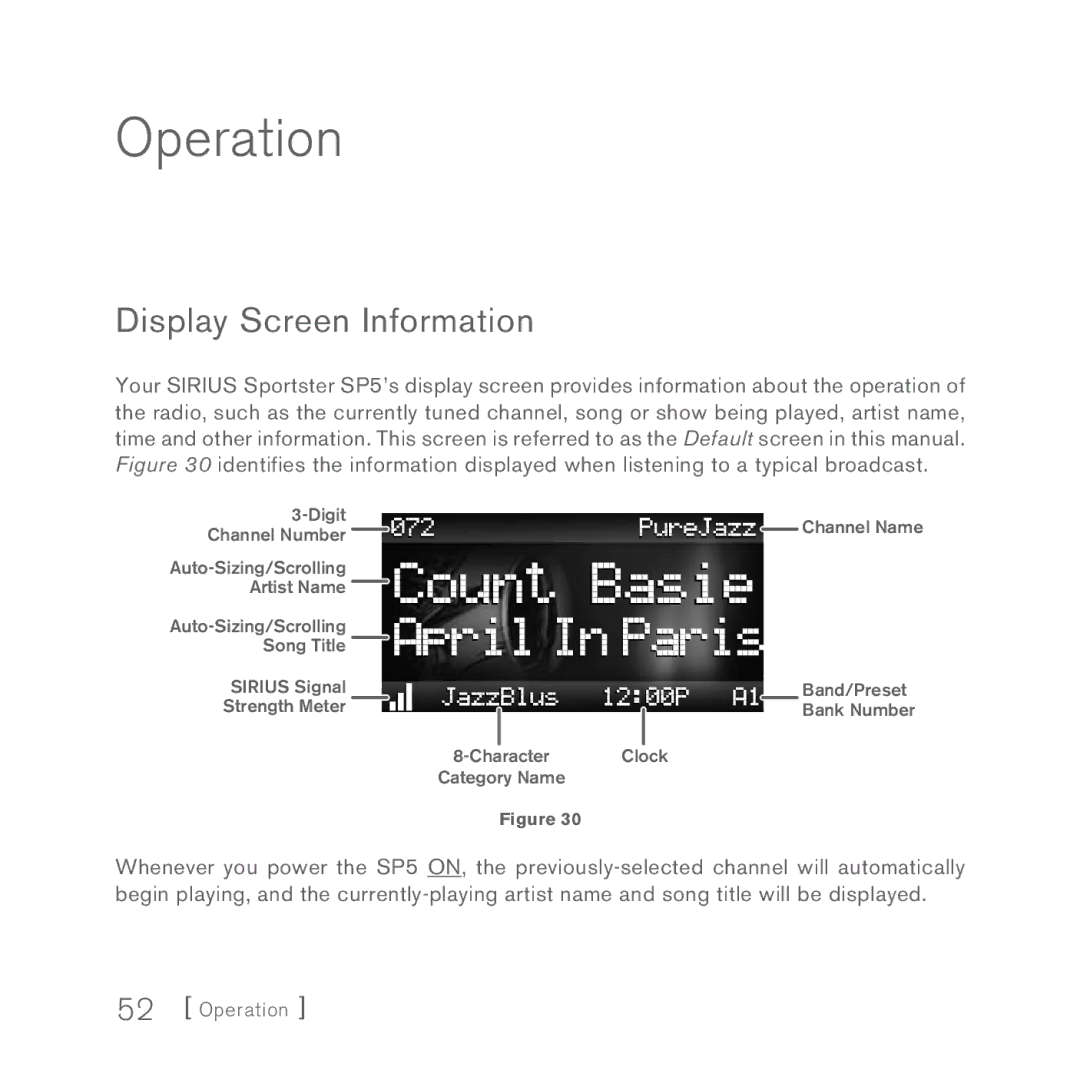 Sirius Satellite Radio Sportster 5 manual Operation, Display Screen Information 