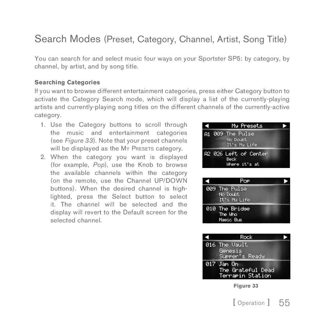 Sirius Satellite Radio Sportster 5 manual Search Modes Preset, Category, Channel, Artist, Song Title 