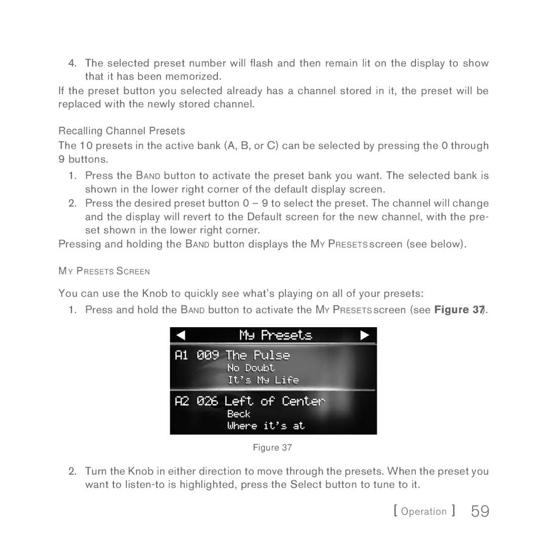 Sirius Satellite Radio Sportster 5 manual Recalling Channel Presets 