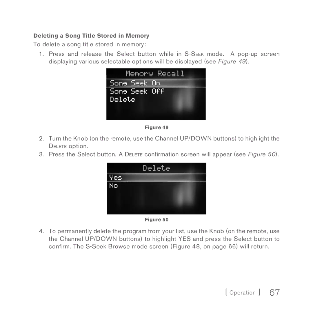 Sirius Satellite Radio Sportster 5 manual Deleting a Song Title Stored in Memory 