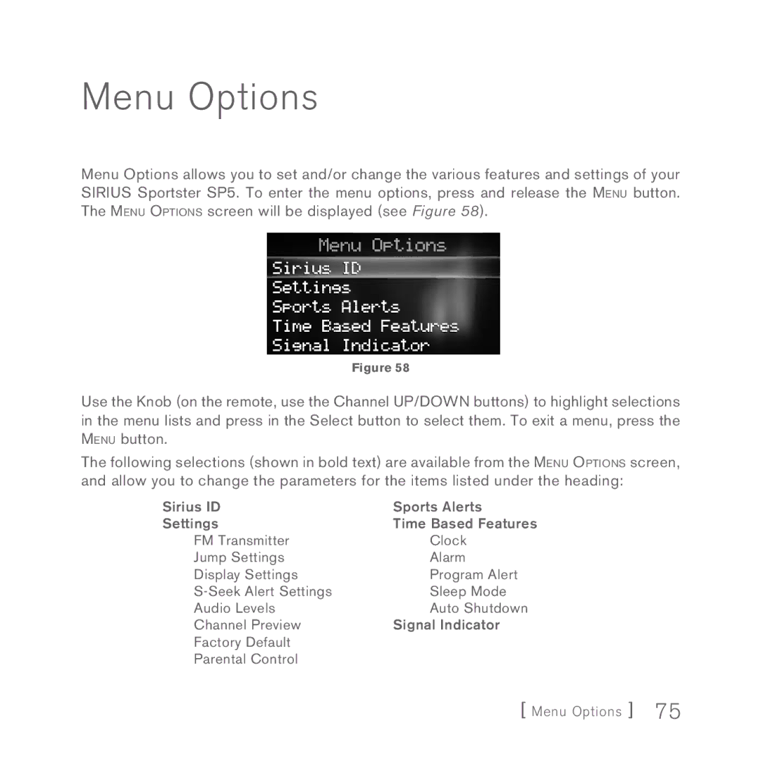 Sirius Satellite Radio Sportster 5 manual Menu Options 