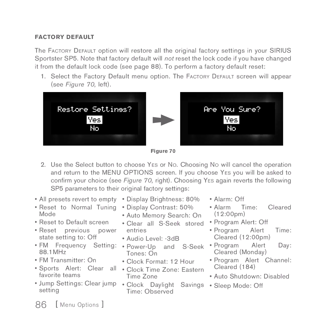 Sirius Satellite Radio Sportster 5 manual Factory Default 