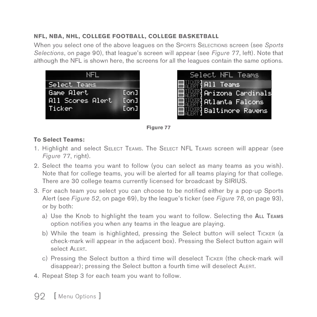 Sirius Satellite Radio Sportster 5 manual To Select Teams 