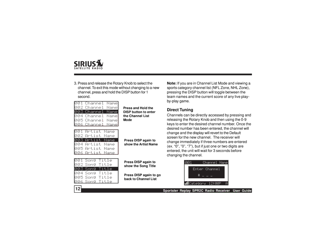 Sirius Satellite Radio SPR2C manual Direct Tuning 