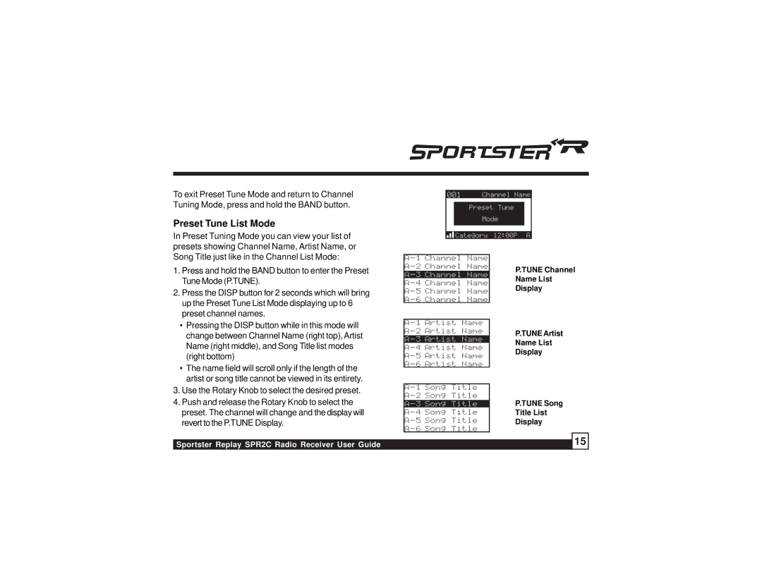 Sirius Satellite Radio SPR2C manual Preset Tune List Mode 