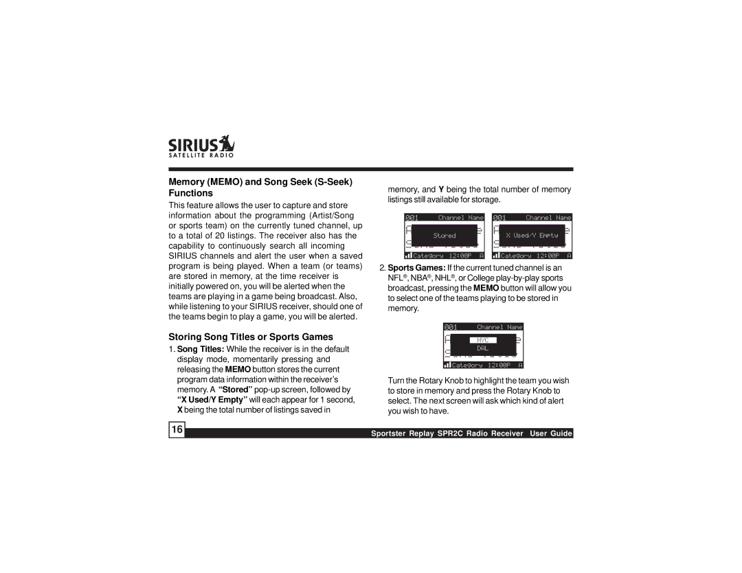 Sirius Satellite Radio SPR2C manual Memory Memo and Song Seek S-Seek Functions, Storing Song Titles or Sports Games 