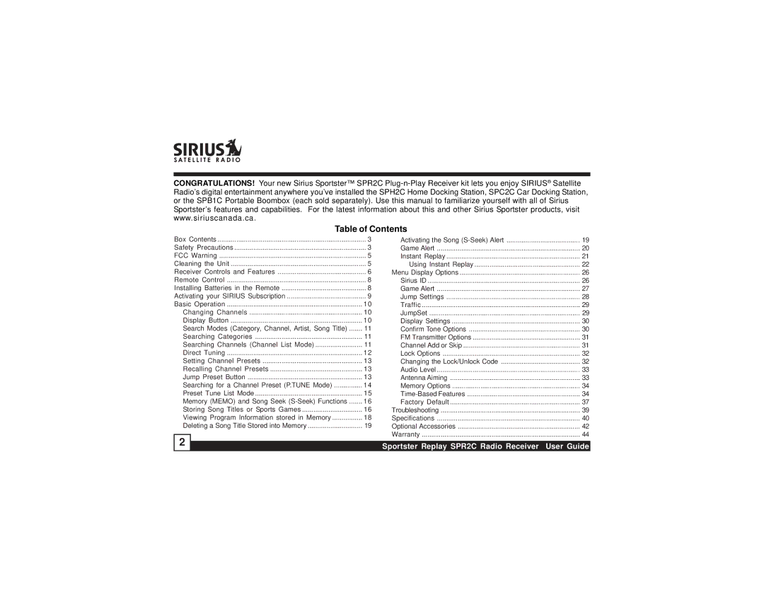 Sirius Satellite Radio SPR2C manual Table of Contents 