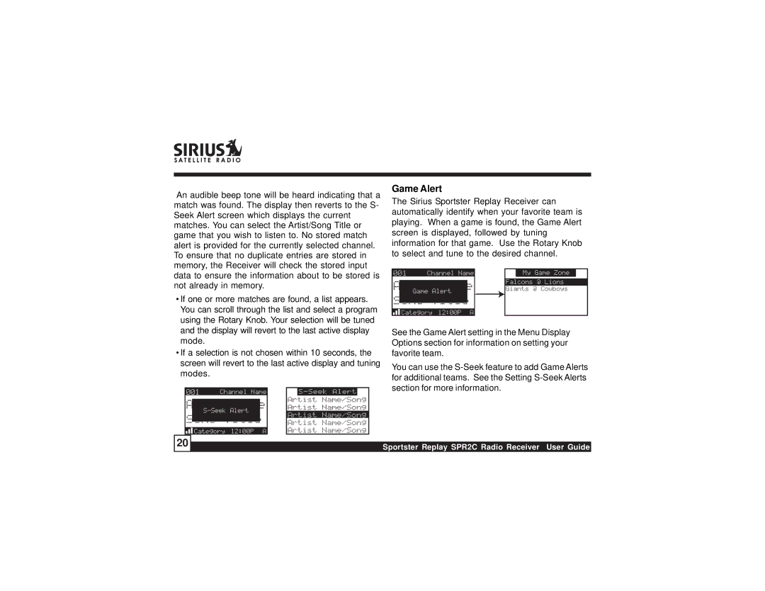 Sirius Satellite Radio SPR2C manual Game Alert 