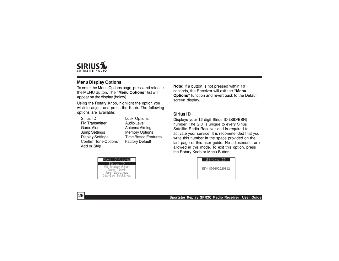 Sirius Satellite Radio SPR2C manual Menu Display Options, Sirius ID 