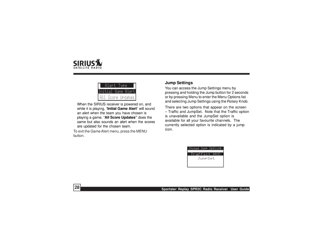 Sirius Satellite Radio SPR2C manual Jump Settings 