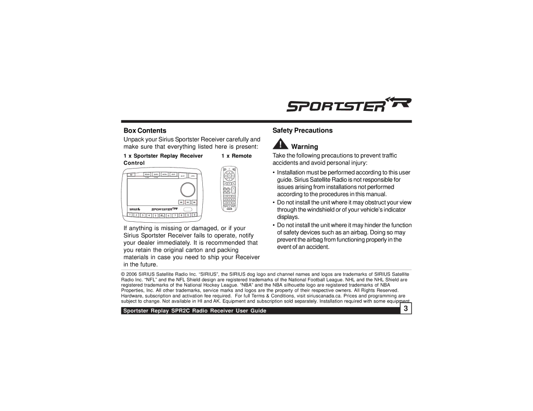 Sirius Satellite Radio SPR2C manual Box Contents, Safety Precautions 