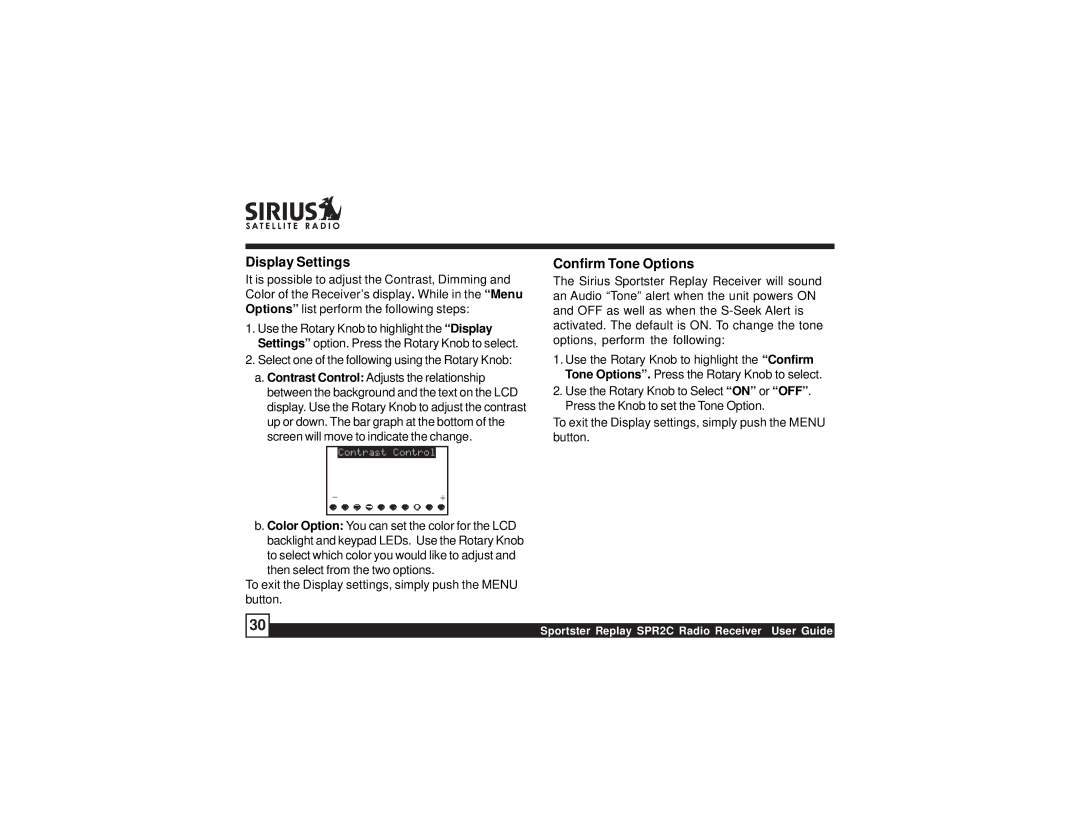 Sirius Satellite Radio SPR2C manual Display Settings, Confirm Tone Options 