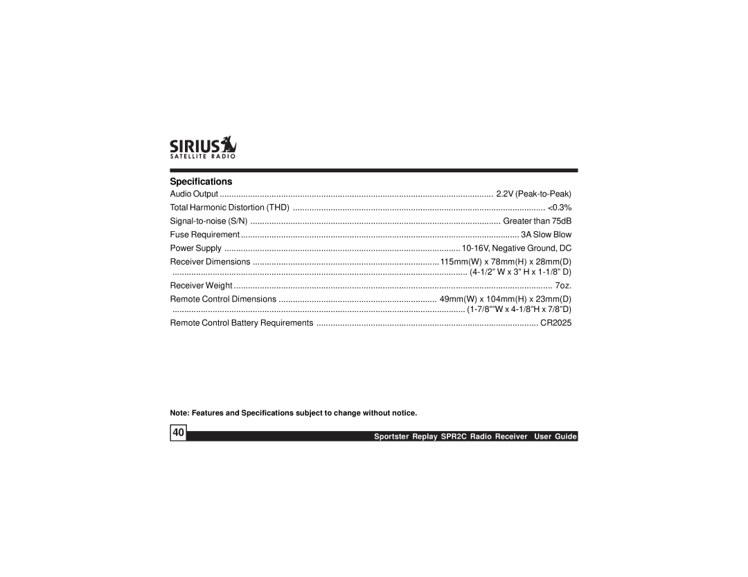 Sirius Satellite Radio SPR2C manual Specifications, CR2025 