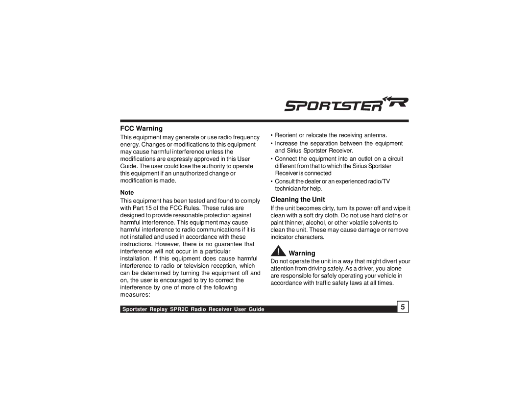 Sirius Satellite Radio SPR2C manual FCC Warning, Cleaning the Unit 