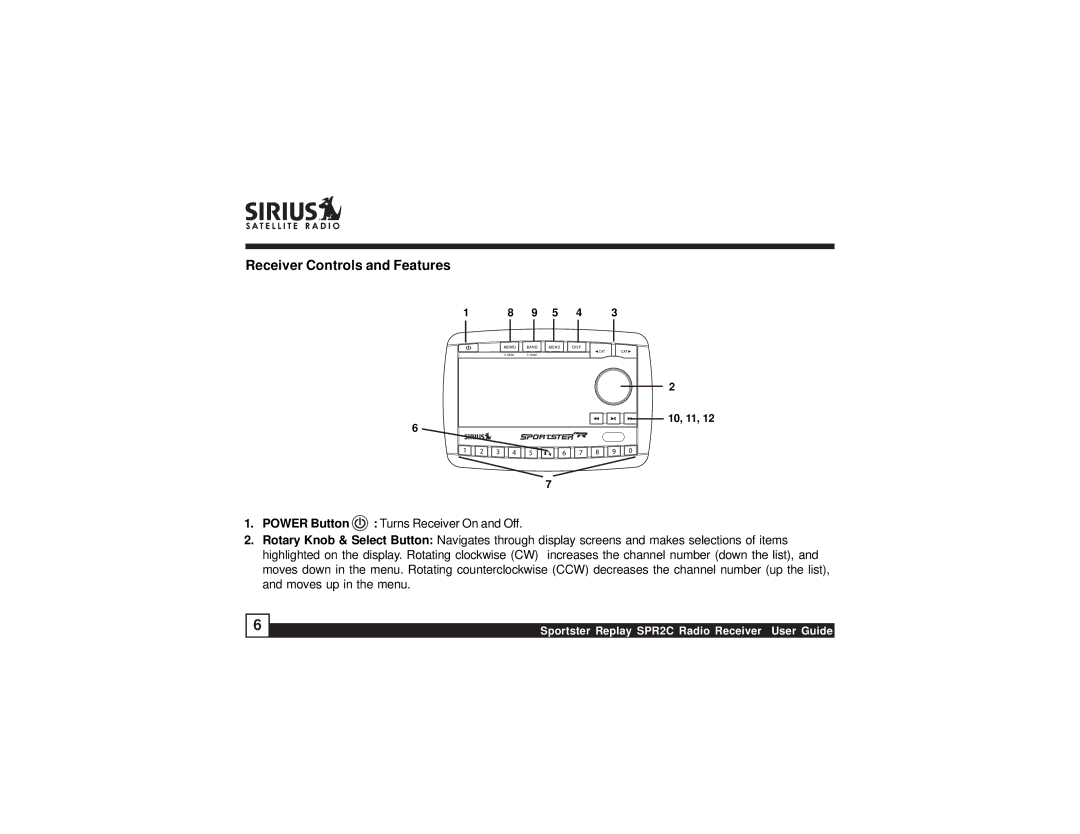 Sirius Satellite Radio SPR2C manual Receiver Controls and Features 