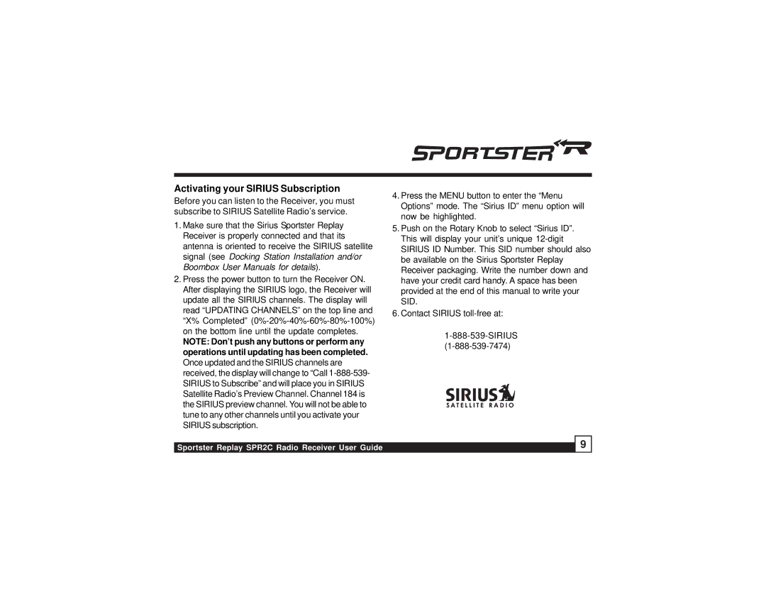 Sirius Satellite Radio manual Sportster Replay SPR2C Radio Receiver User Guide 