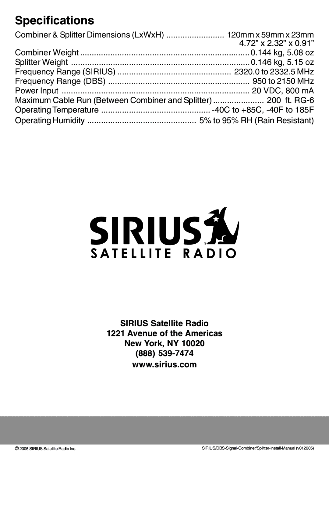 Sirius Satellite Radio SR-100C manual Specifications 