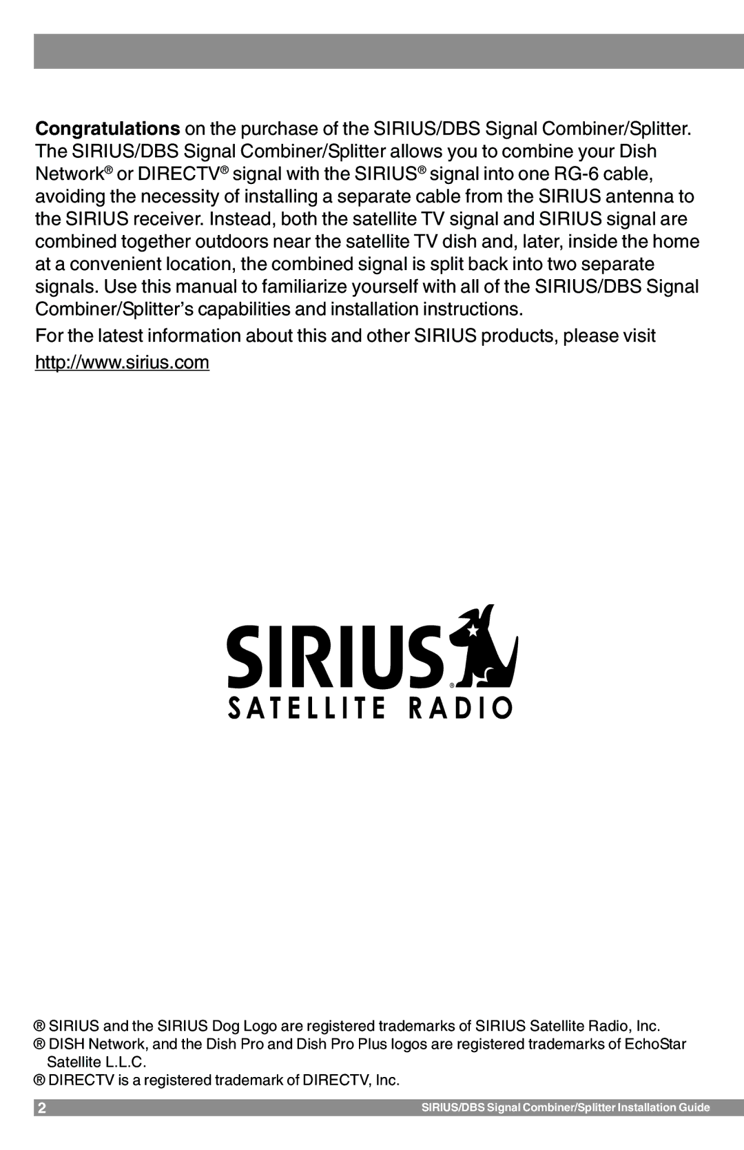 Sirius Satellite Radio SR-100C manual SIRIUS/DBS Signal Combiner/Splitter Installation Guide 