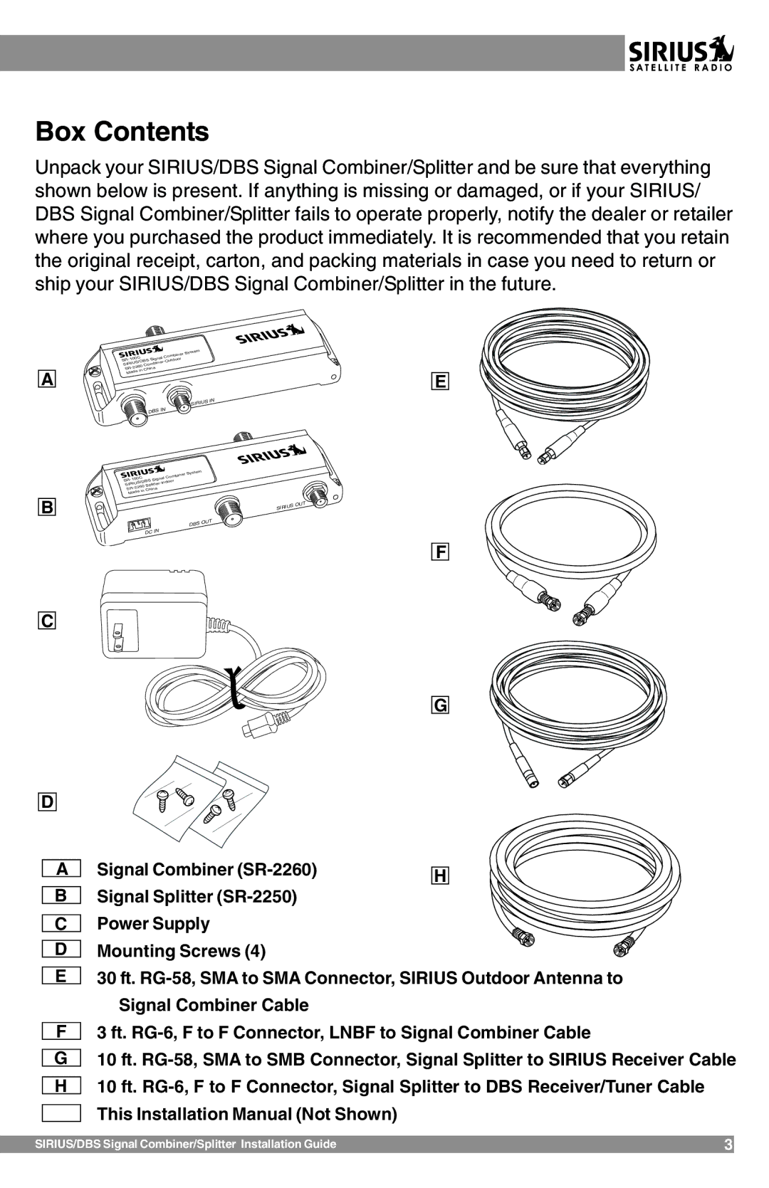 Sirius Satellite Radio SR-100C manual Box Contents 