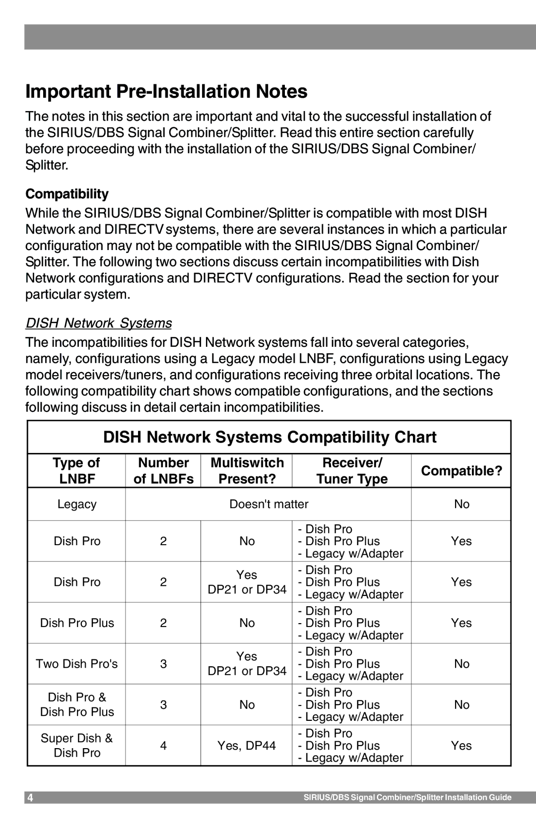 Sirius Satellite Radio SR-100C manual Important Pre-Installation Notes, Dish Network Systems 