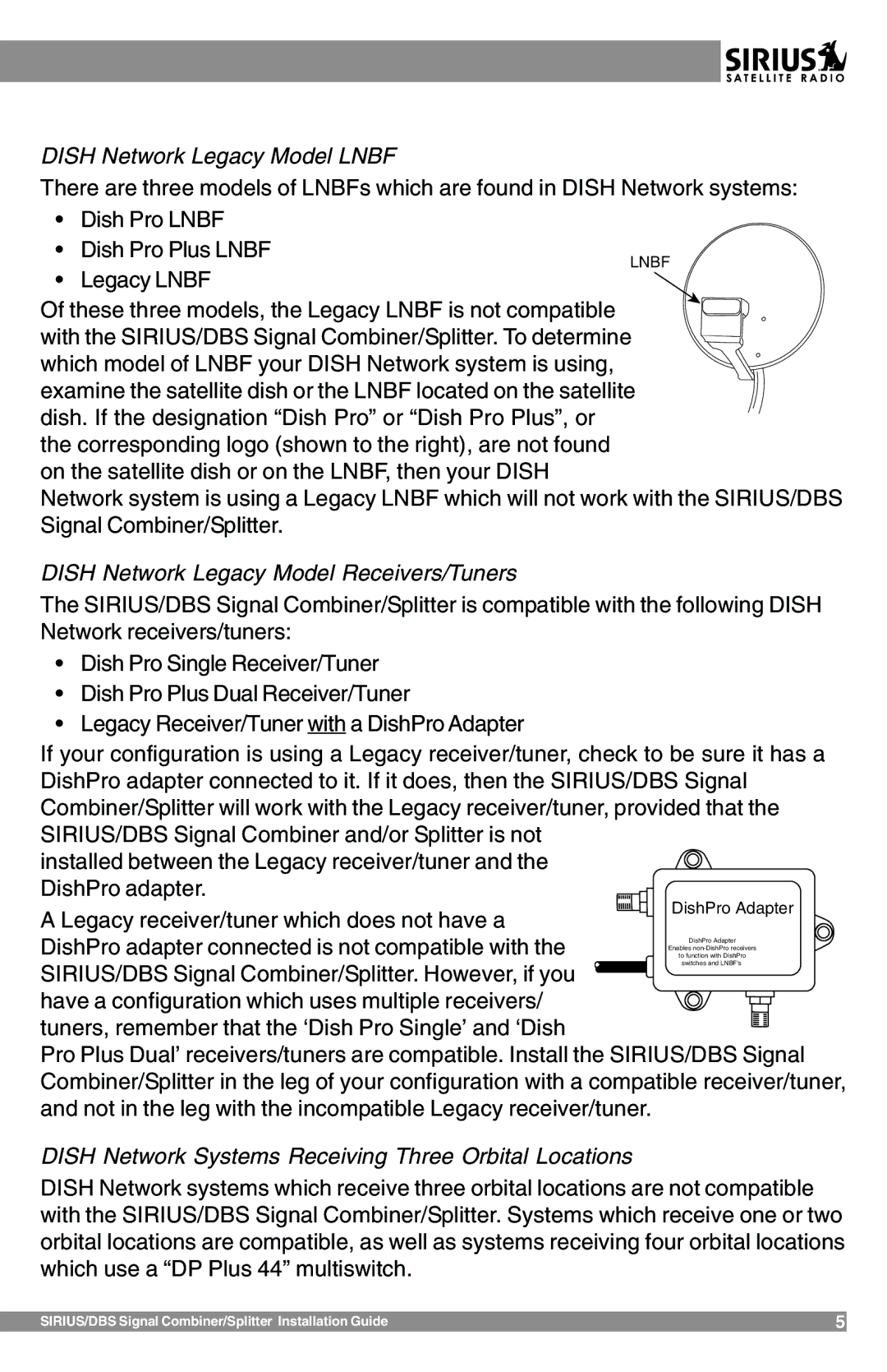 Sirius Satellite Radio SR-100C manual Dish Network Legacy Model Lnbf, Dish Network Legacy Model Receivers/Tuners 