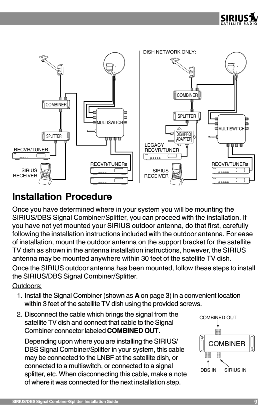 Sirius Satellite Radio SR-100C manual Installation Procedure, Combiner 