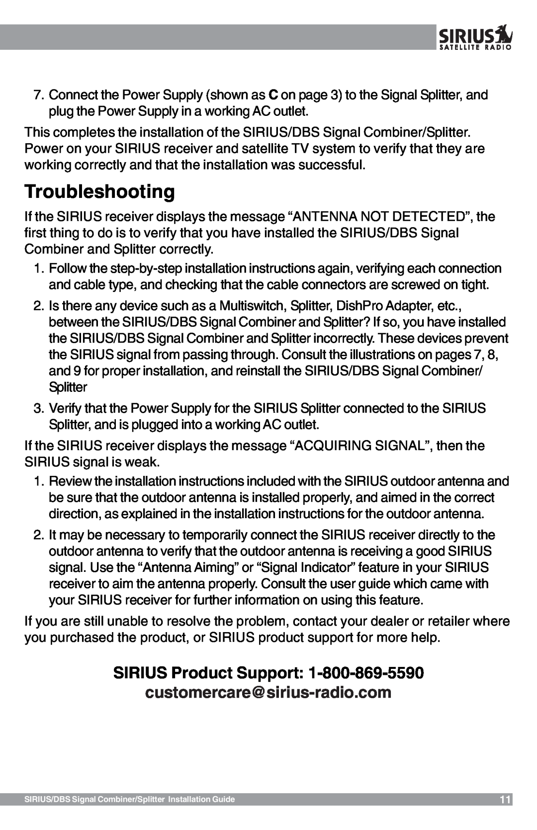 Sirius Satellite Radio SR-100C manual Troubleshooting, SIRIUS Product Support 