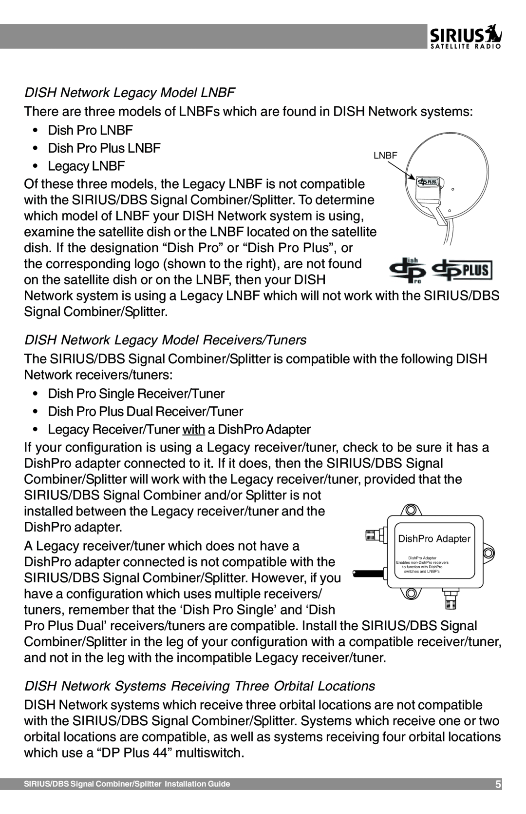 Sirius Satellite Radio SR-100C manual DISH Network Legacy Model LNBF, DISH Network Legacy Model Receivers/Tuners 