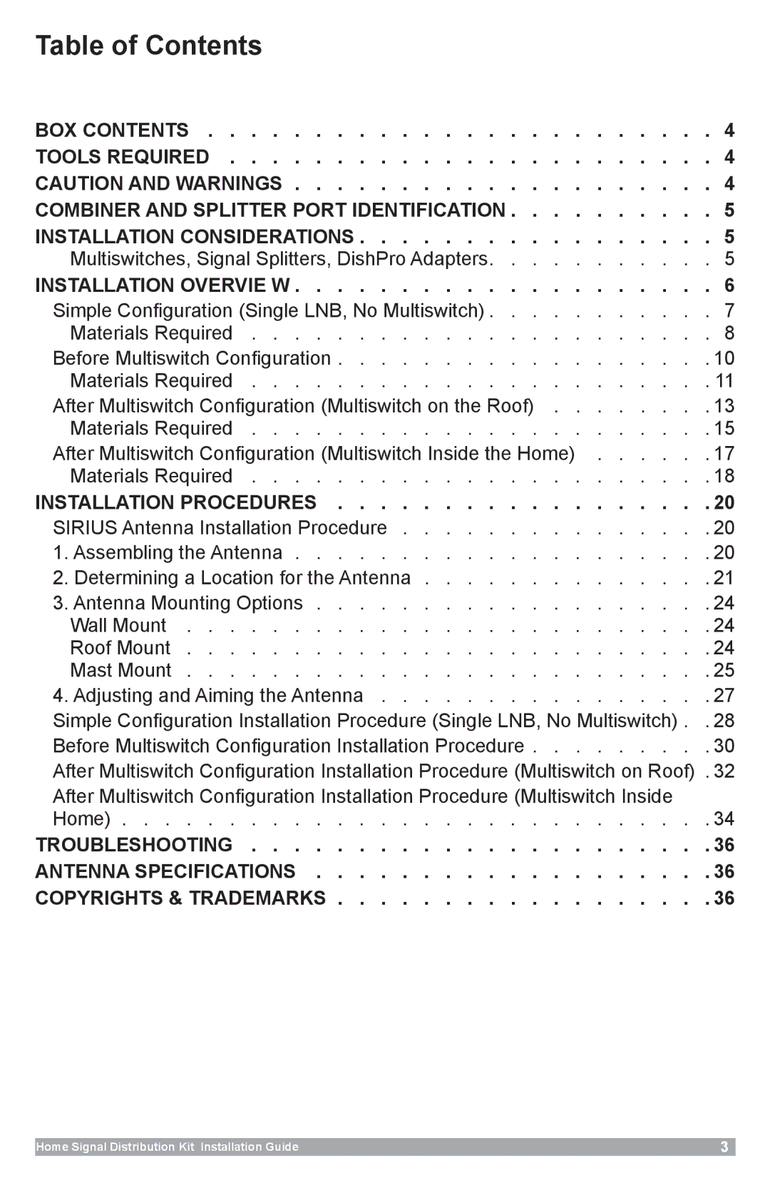 Sirius Satellite Radio SR-101C manual Table of Contents 