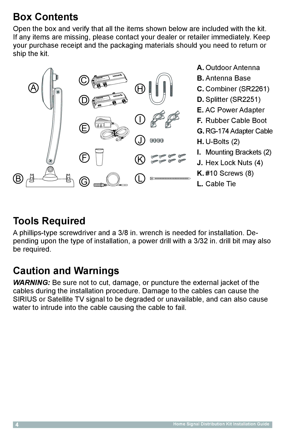 Sirius Satellite Radio SR-101C manual Box Contents, Tools Required 