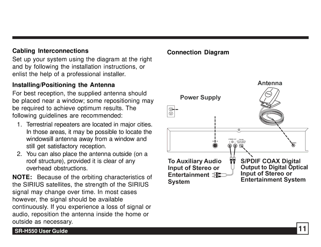 Sirius Satellite Radio SR-H550 manual Cabling Interconnections Connection Diagram, Installing/Positioning the Antenna 