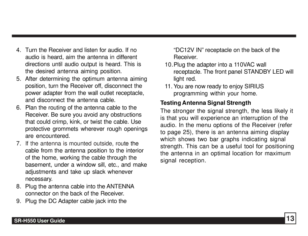 Sirius Satellite Radio SR-H550 manual Testing Antenna Signal Strength 