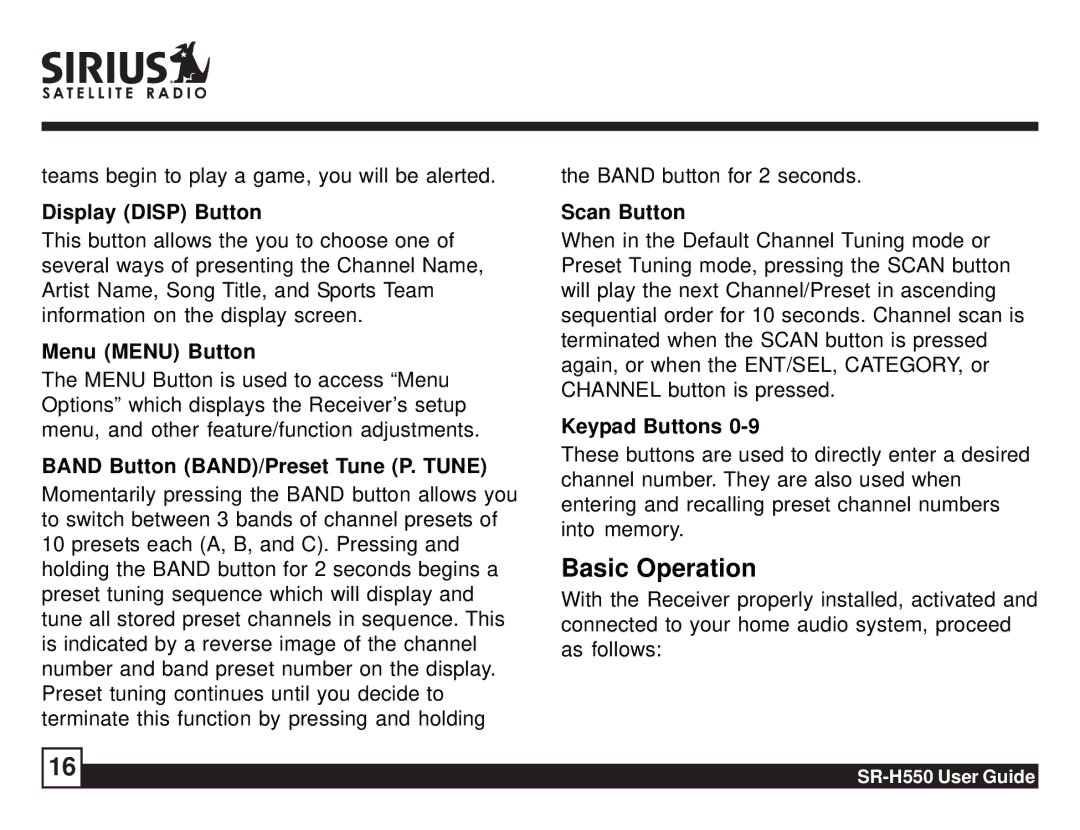 Sirius Satellite Radio SR-H550 manual Basic Operation 